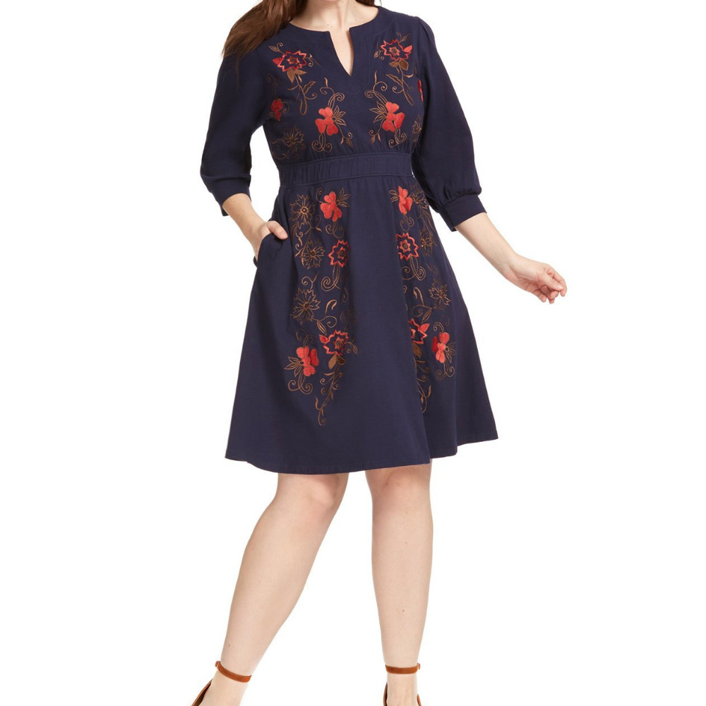 eShakti Floral Embellished Navy Dress